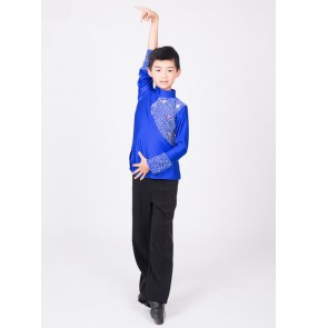 Royal blue black turtle neck spandex long sleeves boys kids children rhinestones competition performance professional  latin ballroom dance tops shirts (only shirt) 